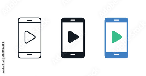 Within digital education environment context identical smartphone with play button icons appear arranged left to right with