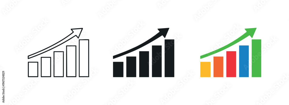 Obraz premium Economic measurement concept illustrated by matching bar chart with upward arrow icons aligned horizontally with identical column