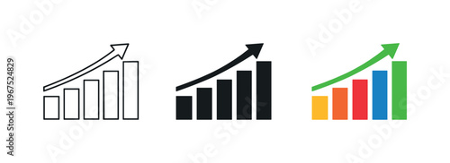 Economic measurement concept illustrated by matching bar chart with upward arrow icons aligned horizontally with identical column