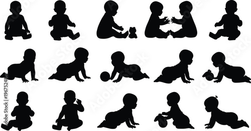 Black silhouette babies illustration, crawling, sitting, playing with toys, early childhood development poses, infant motor skills, minimalist design concept