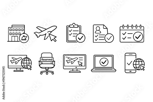 Collection of travel booking icons representing booking confirmation and planning services