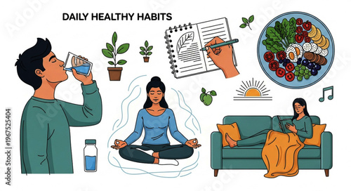 Daily Healthy Habits Illustration Set for Mental and Physical Wellness.