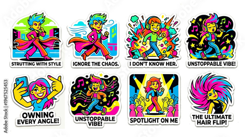 Vibrant confidence cartoon sticker set flat vector featuring empowered female characters with neon hair strutting ignore chaos unstoppable vibe spotlight on me and hair flip with bold outlines