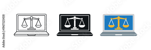 Online justice concept illustrated by matching laptop with scale of justice icons aligned horizontally with identical screen