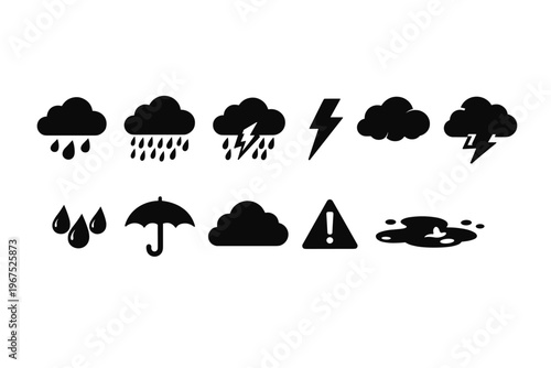 Collection of black weather icons including rain, clouds, lightning, and umbrella