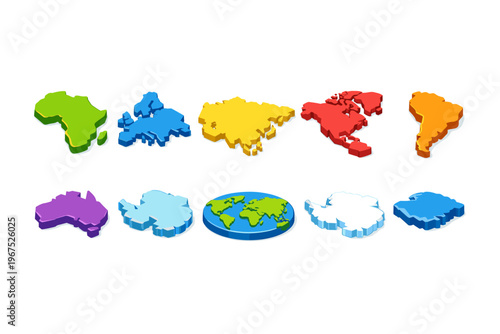 Collection of colorful 3D isometric world continents and globe illustrations