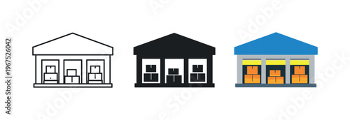 Inventory control concept illustrated by matching warehouse building icons aligned horizontally with identical roofline shape and