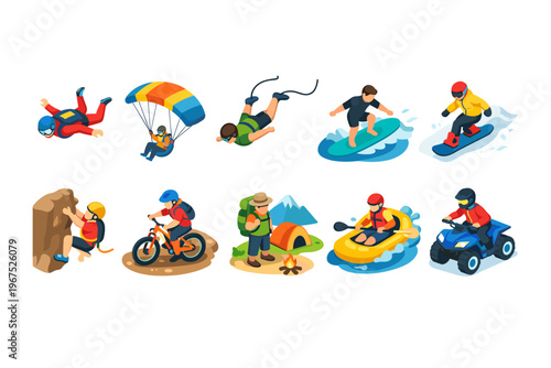 Collection of isometric extreme sports and outdoor adventure activities