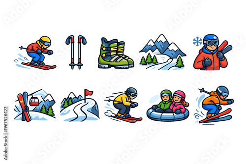 Collection of cartoon winter sports icons and activities for a fun snowy day
