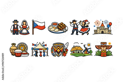 Czech Republic cultural symbols and traditions illustrated in a cartoon style