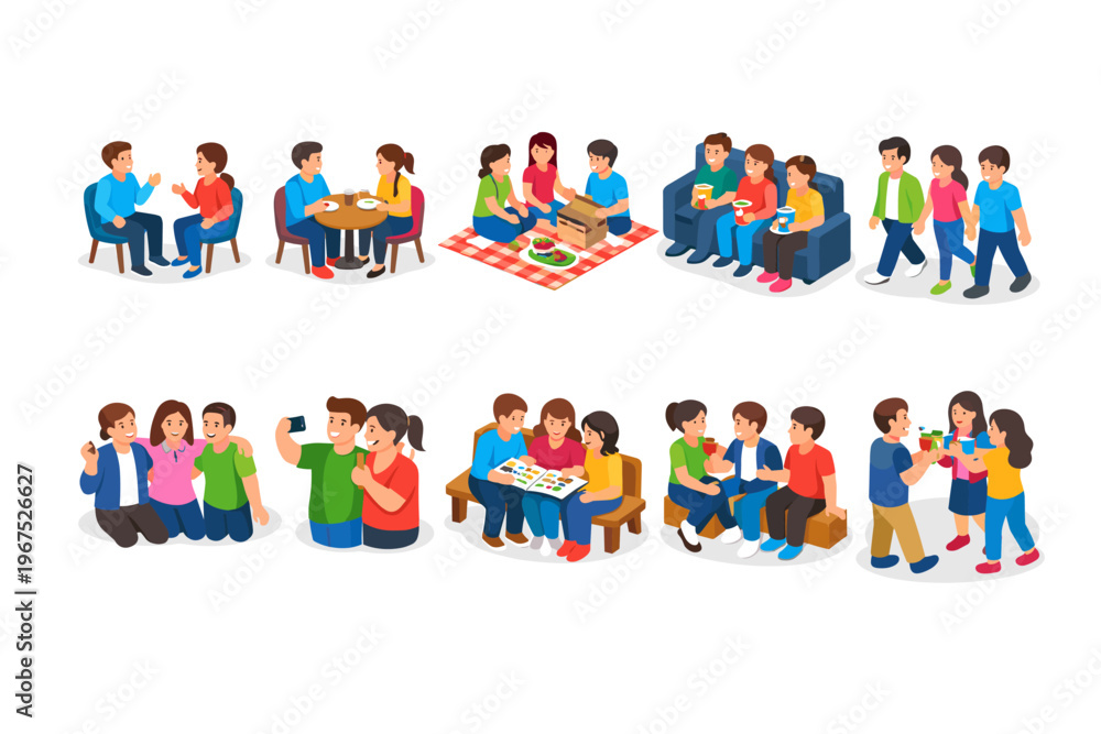 Fototapeta premium Diverse groups of friends enjoying various social activities together in a stylized illustration