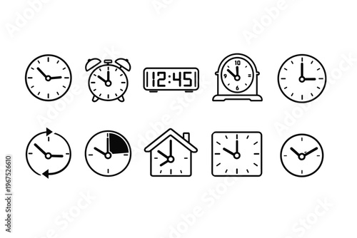 Collection of diverse clock icons representing time and scheduling