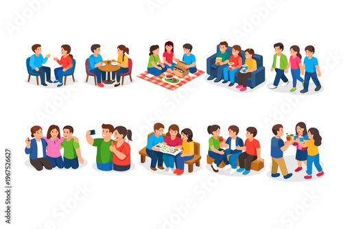 Diverse groups of friends enjoying various social activities together in a stylized illustration