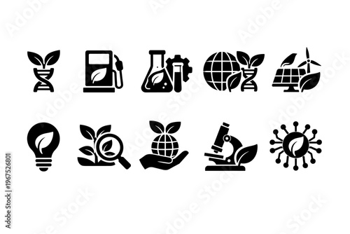 Collection of icons representing environmental science, biotechnology, and renewable energy concepts