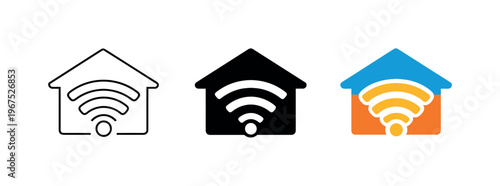 Smart Home Icons. Intelligent living concept illustrated by matching house with wifi signal icons aligned horizontally with