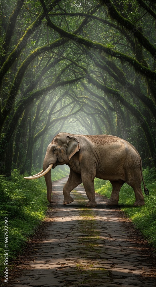 Fototapeta premium A large bull elephant with long tusks crossing a dirt path in a mystical, foggy forest with arching green trees forming a natural tunne