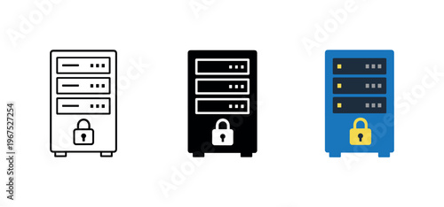 Secure Server Racks. Within cybersecurity infrastructure context identical server rack with lock icons appear arranged left to
