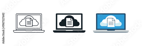 Digital workplace concept illustrated by matching laptop with cloud document icons aligned horizontally with identical screen