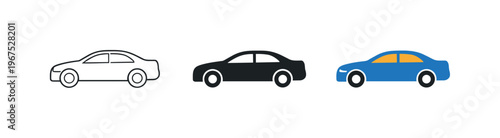 Road mobility concept illustrated by matching sedan car icons aligned horizontally with identical body contour and wheel