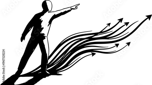 Minimalist business leader silhouette pointing forward, visionary man with rising growth arrows, conceptual success and leadership vector illustration