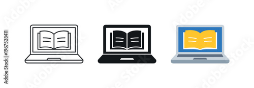 Virtual classroom concept illustrated by matching laptop with open book icons aligned horizontally with identical screen frame
