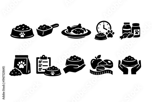 Collection of black and white icons representing pet food and care concepts