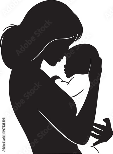 A tender black silhouette illustration of a loving mother embracing her newborn baby, symbolizing the profound maternal bond, nurturing care, and deep family connection
