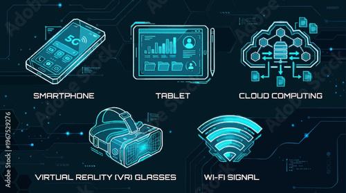 Modern technology icons including smartphone tablet cloud computing virtual reality glasses and wi fi signal on a dark blue circuit board background with neon blue lines