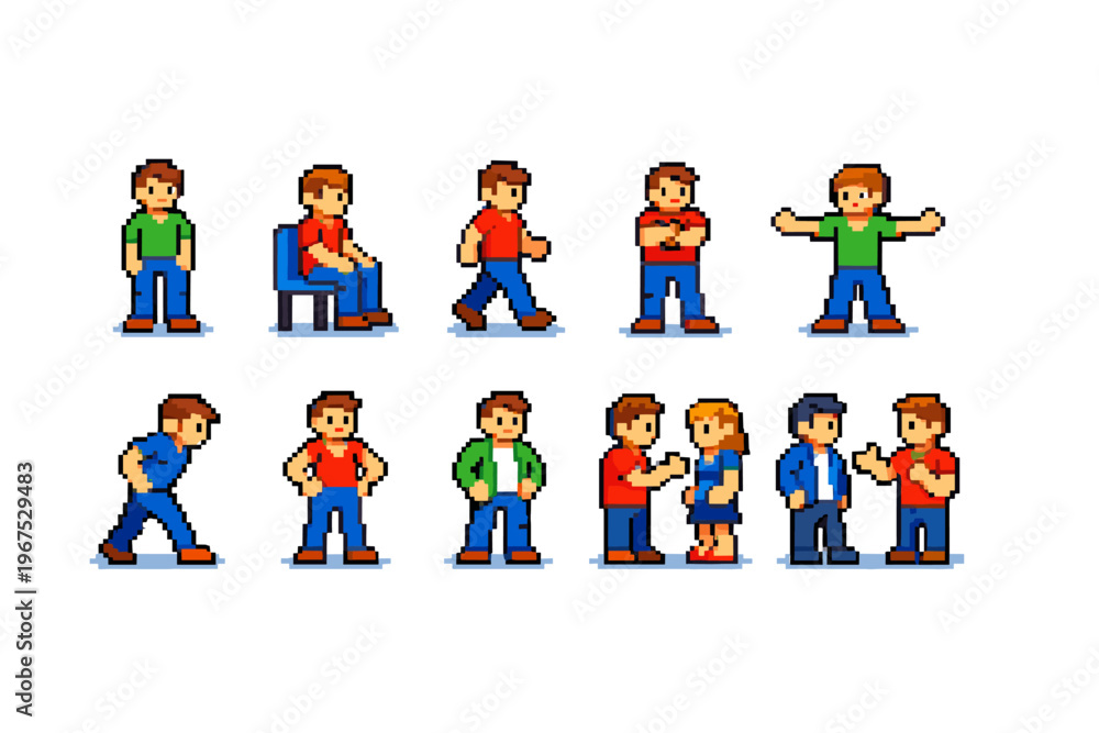 Fototapeta premium Collection of pixel art characters in various poses and interactions