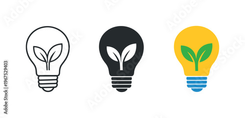 Energy optimization concept illustrated by matching light bulb with leaf icons aligned horizontally with identical glass bulb