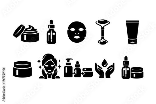 Collection of skincare icons representing beauty treatments and cosmetic products
