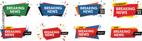 Breaking news banner set with 8 vector elements, live update broadcast labels, colorful geometric news flash ribbons for media and journalism