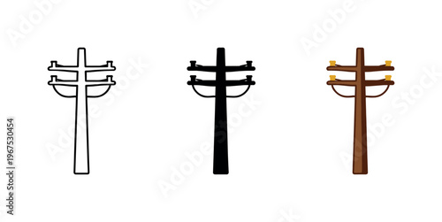 Within energy transmission system context identical utility pole with power lines icons appear arranged left to right with
