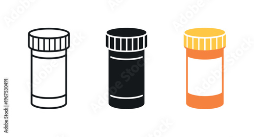 Within clinical pharmacy environment context identical prescription bottle icons appear arranged left to right with consistent