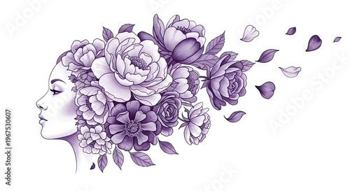 Beautiful Woman Profile with Hair Made of Blooming Purple Flowers and Petals Blowing in the Wind, Artistic Floral Illustration Isolated on White Background