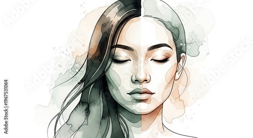 Artistic Watercolor Illustration of a Woman with Eyes Closed Representing Inner Peace and Mental Balance