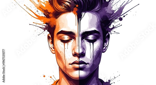 Abstract Portrait of a Man's Face with Symmetrical Color Split Representing Emotional Duality and Internal States of Mind