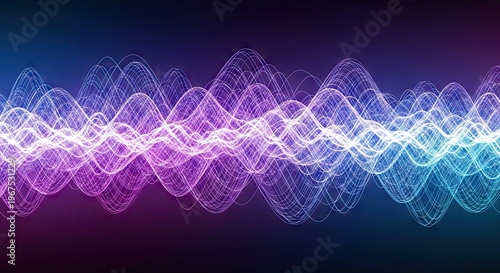 Abstract sound wave frequency equalizer with glowing purple and blue digital oscillations on dark background