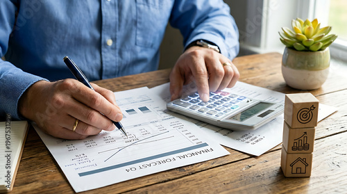 Close-up of a person calculating financial forecast with a calculator and paperwork