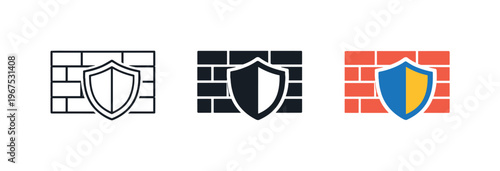 Network security concept illustrated by matching brick wall with shield icons aligned horizontally with identical rectangular