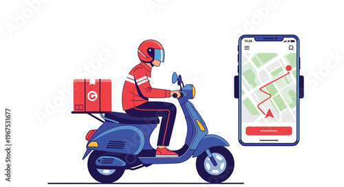 Delivery rider on scooter with package and navigation smartphone map