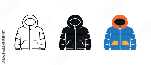 Cold season apparel concept illustrated by matching winter jacket icons aligned horizontally with identical hood shape and zipper