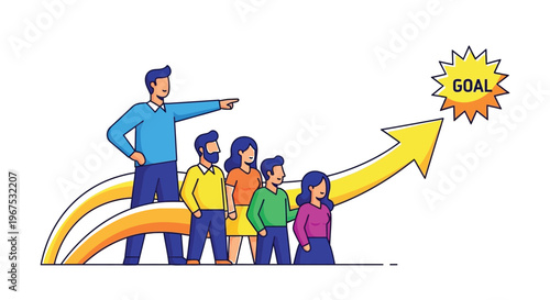 Business team leader guiding colleagues towards a common goal with confidence and motivation