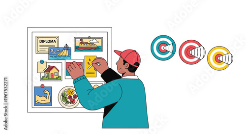 Man setting goals and planning his future with a vision board and targets nearby