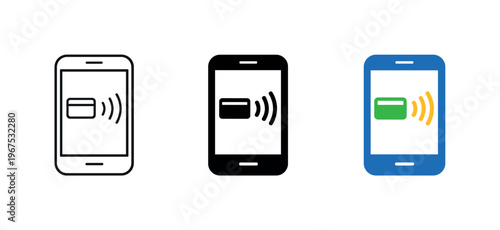 Digital Wallet Trio. Digital wallet concept illustrated by matching smartphone with contactless wave icons aligned horizontally