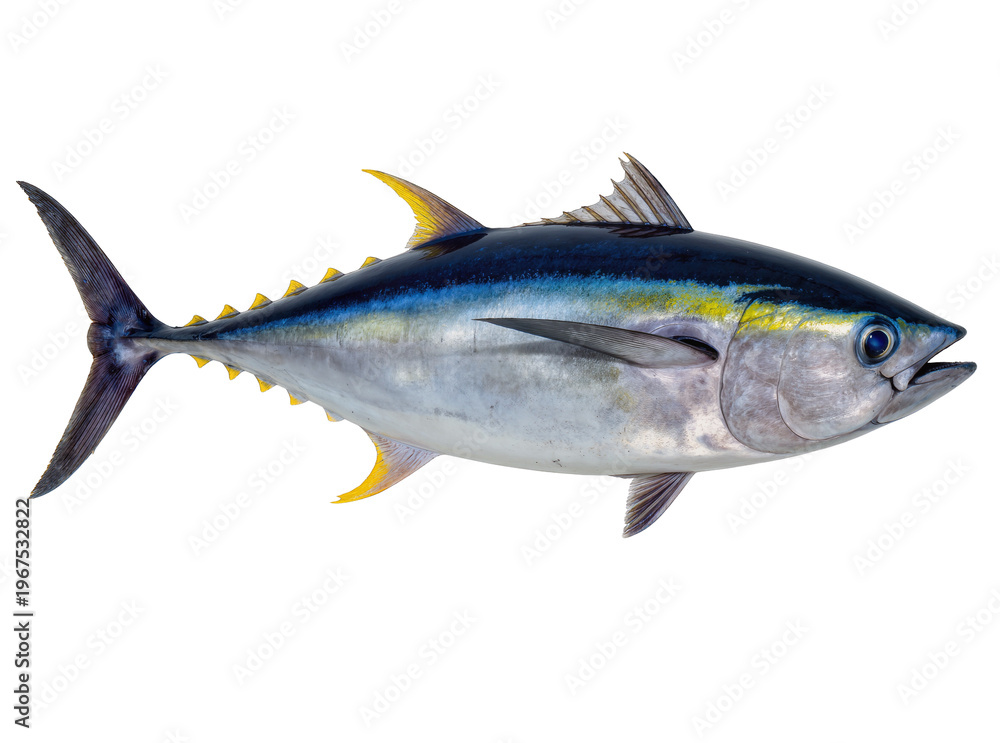 Fototapeta premium Isolated close-up of a fresh vibrant yellowfin tuna fish studio shot ready for culinary use