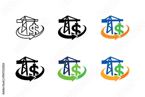 Emblem communicating global import and export dynamics formed by a harbor crane outline integrated with a currency symbol and a