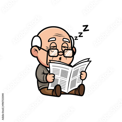 Elderly man reading newspaper and falling asleep on floor  
