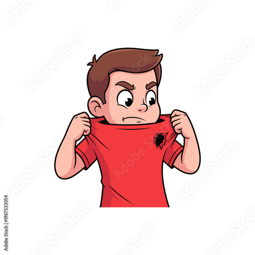 Young boy looking frustrated while tugging at his torn red shirt  