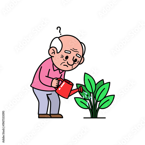 Elderly man watering a plant while looking confused indoors  